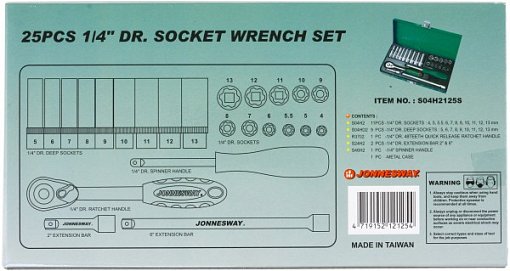 Фото 3 товара Набор головок торцевых стандартных и глубоких 1/4"DR, 4-13 мм, 25 предметов, Jonnesway