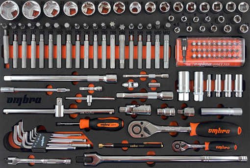 Фото 0 товара Набор головок торцевых 1/4" 5-13 мм, 1/2" DR 10-32 мм с аксессуарами и вставками-битами в EVA ложементе 560х375 мм, 131 предмет, Ombra