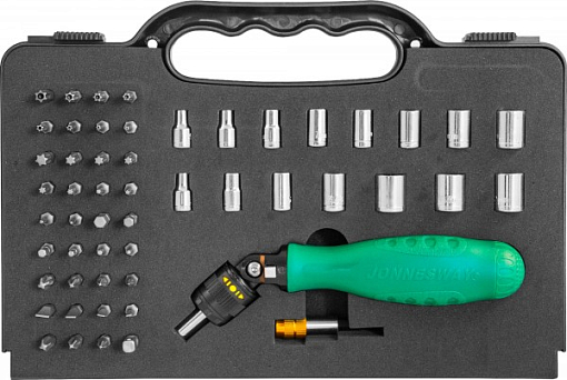 Фото 0 товара Рукоятка отверточная трещоточная с гибкой головкой в наборе с битами и головками, 53 предмета, Jonnesway