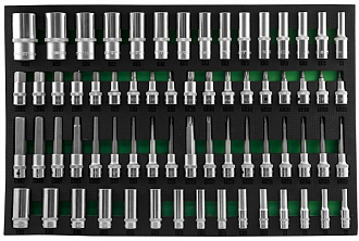 Набор головок торцевых глубоких 3/8", 1/2"DR и насадок торцевых 1/2"DR с вставками-битами в EVA ложементе 560x400 мм, 66 предметов, Jonnesway - фото 1