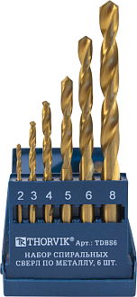 Набор спиральных сверл по металлу HSS TiN в пластиковом кейсе, d2.0-8.0 мм, 6 предметов, THORVIK - фото 1
