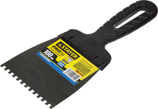 Фото 0 товара Шпатель зубчатый STAYER 100 мм, нержавеющая полотно, пластмассовая рукоятка,1009-10-04
