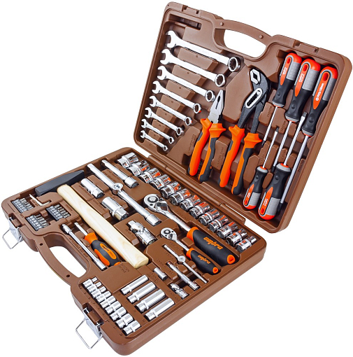 Фото 1 товара Набор инструмента универсальный 1/4", 1/2"DR с головками торцевыми 12-гранными 1/2"DR, 77 предметов, Ombra