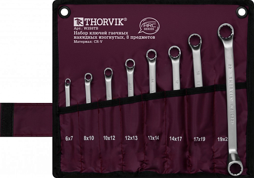 Фото 1 товара Набор ключей гаечных накидных изогнутых серии ARC в сумке, 6-22 мм, 8 предметов, THORVIK