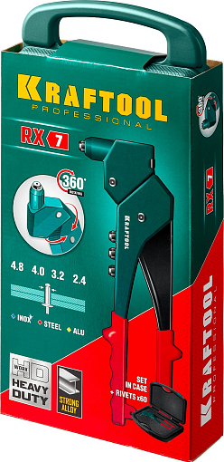 Фото 5 товара Заклепочник 31176-H6_z01 KRAFTOOL заклепки 2.4-4.8 мм - алюминий и сталь, 2.4-4.0 мм - нерж. сталь, в боксе, с набором