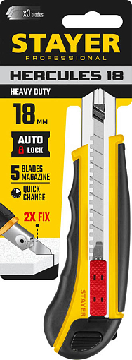 Фото 6 товара Нож HERCULES-18STAYER 18 мм, сегментированное лезвие, автостоп, автозамена, дополнительный фиксатор, 09165_z01