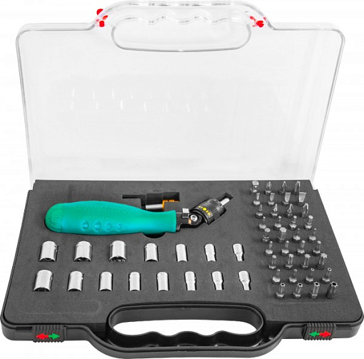 Фото 1 товара Рукоятка отверточная трещоточная с гибкой головкой в наборе с битами и головками, 53 предмета, Jonnesway