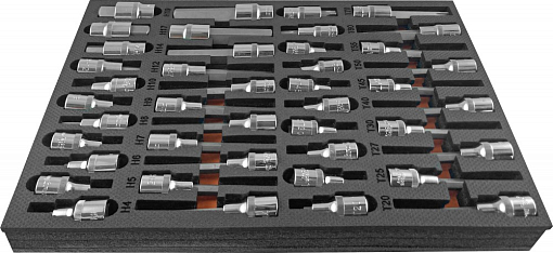 Фото 1 товара Набор насадок торцевых 1/2" DR, со вставками-битами TORX® T20-T70 в EVA ложементе 280х375 мм, 42 предмета, Ombra