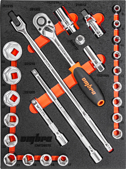 Набор головок торцевых 1/2" DR 8-32 мм с аксессуарами в EVA ложементе 280х375 мм, 26 предметов, Ombra - фото 1