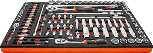 Фото 1 товара Набор головок торцевых 1/4"DR (4-14 мм), 3/8"DR (8-22 мм), 1/2"DR (8-32 мм), с аксессуарами в EVA ложементе 560x375 мм, 111 предметов, Ombra