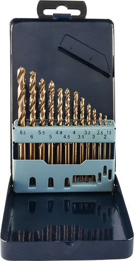 Фото 1 товара Набор спиральных сверл по металлу HSS Co в металлическом кейсе, d1.5-6.5 мм, 13 предметов, THORVIK