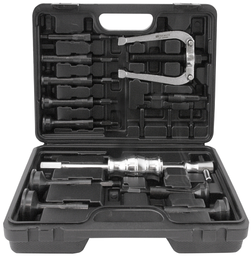 Фото 0 товара Съемник подшипников с цанговыми захватами за внутреннюю обойму и обратным молотком в наборе, диапазон захватов 8-58 мм, THORVIK