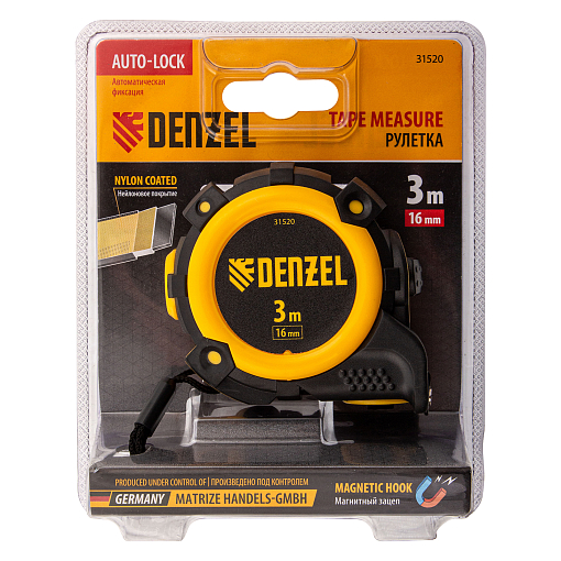 Фото 5 товара Рулетка 3м х 16мм, автоматич. фиксац., нейлон. покрытие, магнит. зацеп, двухстор. разметка Denzel