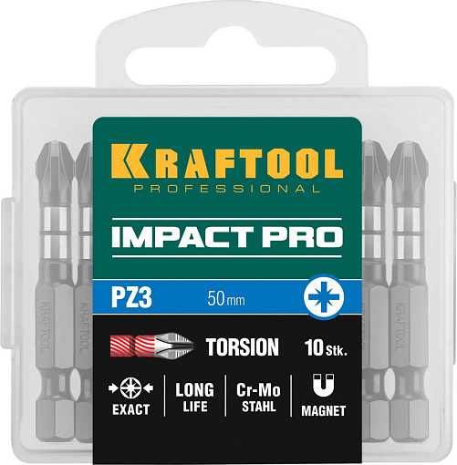 Фото 3 товара Профессиональные ударные биты Impact Pro KRAFTOOL 26193-3-50-S,10 50 мм, 10 шт., PZ3