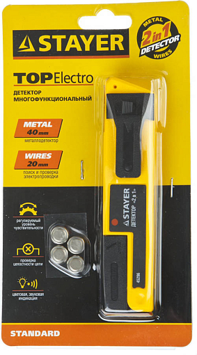 Фото 1 товара Детектор многофункциональный STAYER 2 в 1 45296 поиск металла и скрытой электропроводки