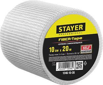 Сетка самоклеящаяся стеклотканевая FIBER-Tape STAYER 10 см х 20 м, 3х3 мм, 1246-10-20 - фото 1