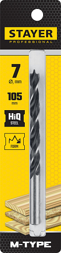Фото 1 товара Спиральное сверло по дереву "M-type" STAYER d=7 х 105/75 мм, М-образная заточка, сталь HCS, 2942-105-07_z02