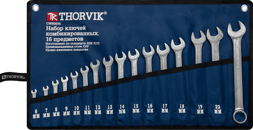 Фото 0 товара Набор ключей гаечных комбинированных в сумке, 6-24 мм, 16 предметов, THORVIK