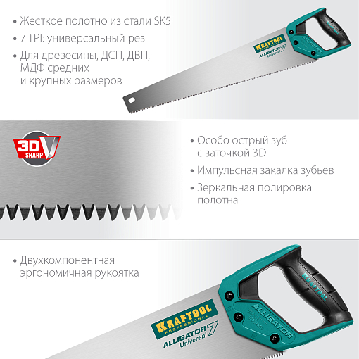 Фото 1 товара Ножовка универсальная Alligator Universal 7 15004-55 KRAFTOOL 7 TPI, 550 мм