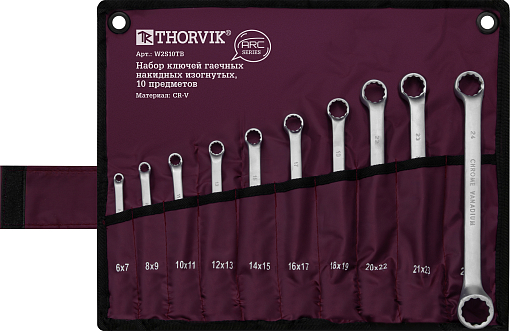 Фото 0 товара Набор ключей гаечных накидных изогнутых серии ARC в сумке, 6-27 мм, 10 предметов, THORVIK