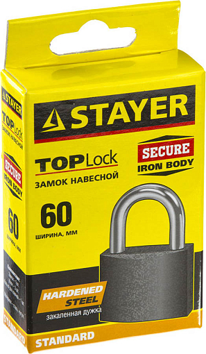 Фото 1 товара Замок навесной STAYER TOPLock 37160-60 60х50х25 мм, металлический корпус, закаленная дужка