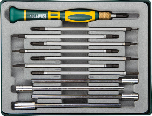 Фото 0 товара Отвертка Отвёртка для точных работ со сменными стержнями и головками X-Turbo 12 предметов, Kraftool