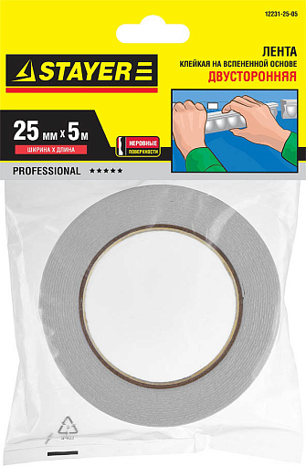 Фото 1 товара Двусторонняя клейкая лента (скотч) STAYER 12231-25-05 25 мм х 5 м, белая, на вспененной основе