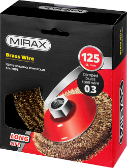 Щетка коническая для УШМ MIRAX 35143-125 125 мм, витая стальная латунированная проволока 0,3 мм - фото 2