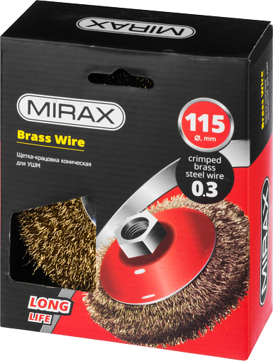 Фото 1 товара Щетка коническая для УШМ MIRAX 35143-115 115 мм, витая стальная латунированная проволока 0,3 мм