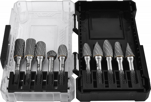 Фото 1 товара Набор борфрез твердосплавных, тип A, B, C, D, E, F, G, H, L, M, 12 мм, двойная насечка, в кейсе, 10 предметов, THORVIK