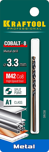 Фото 2 товара Сверло по металлу 29656-3.3 Pro KRAFTOOL 3.3 х 65 мм, HSS-Co (8%), класс A