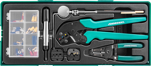 Фото 0 товара Пресс-клещи обжимные с аксессуарами и расходными материалами в ложементе, Jonnesway