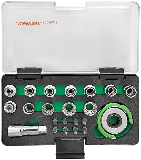 Фото 2 товара Головки торцевые SPLINE М4-13 с дисковым трещоточным механизмом и аксессуарами в наборе, 22 предмета, Jonnesway