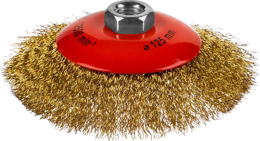Фото 0 товара Щетка коническая для УШМ MIRAX 35143-125 125 мм, витая стальная латунированная проволока 0,3 мм
