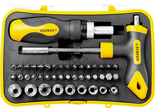 Фото 1 товара Отвертка реверсивная в наборе с битами и торцевыми головками Hercules STAYER 43 шт., 25084-H43