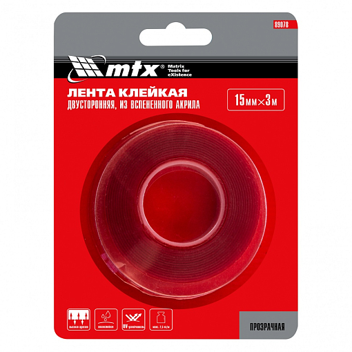Фото 2 товара Двусторонняя клейкая лента из вспененного акрила, прозрачная, 15 мм x 3 м Matrix