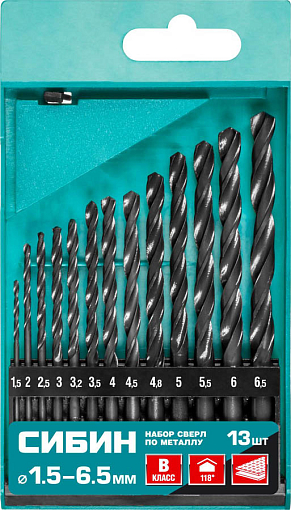 Фото 0 товара Набор сверл по металлу СИБИН 13 шт. (1,5-6,5 мм), класс В, 29610-H13