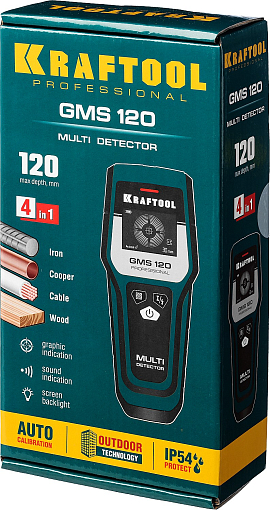 Фото 9 товара Детектор универсальный KRAFTOOL GMS 120 45298 черный металл 120 мм, цветной металл 80 мм, проводка 50 мм, дерево 20 мм