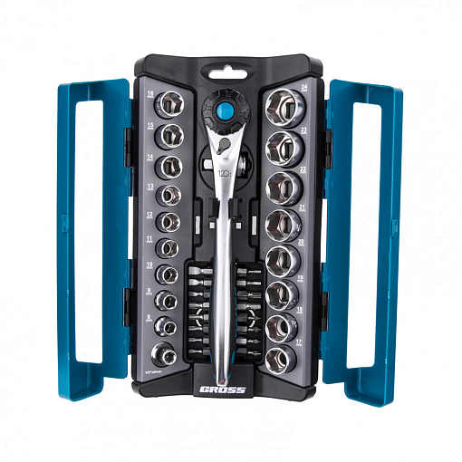 Фото 1 товара Набор торцевых головок, трещотка 120 зубьев, 36 пред., 1/2", 3/8”, CrV Gross