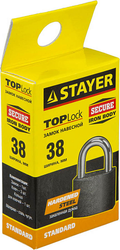 Фото 1 товара Замок навесной STAYER TOPLock 37160-38 38х33х16 мм, металлический корпус, закаленная дужка