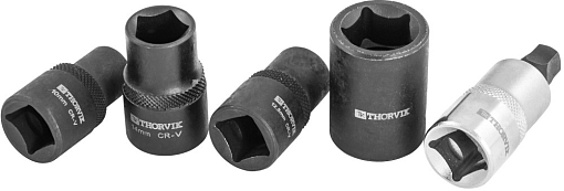 Фото 1 товара Набор головок торцевых и насадки со вставкой-битой с пятигранным профилем для обслуживания тормозных механизмов 1/2"DR, 5 предметов, THORVIK