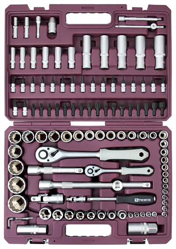 Фото 0 товара Набор инструмента универсальный 1/4", 1/2"DR с головками торцевыми 12-гранными, 108 предметов, THORVIK