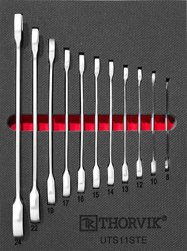 Фото 0 товара Набор ключей комбинированных трещоточных в EVA ложементе 280х375 мм, 11 предметов, THORVIK