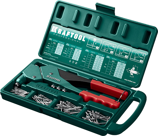 Фото 4 товара Заклепочник 31176-H6_z01 KRAFTOOL заклепки 2.4-4.8 мм - алюминий и сталь, 2.4-4.0 мм - нерж. сталь, в боксе, с набором