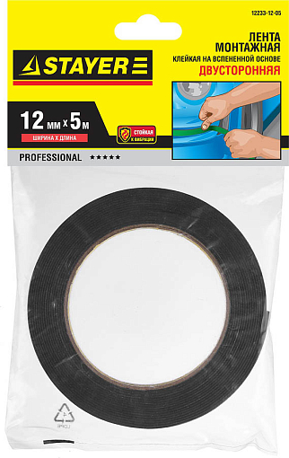 Фото 1 товара Двусторонняя клейкая лента (скотч) STAYER 12233-12-05 12 мм х 5 м, черная, на вспененной основе