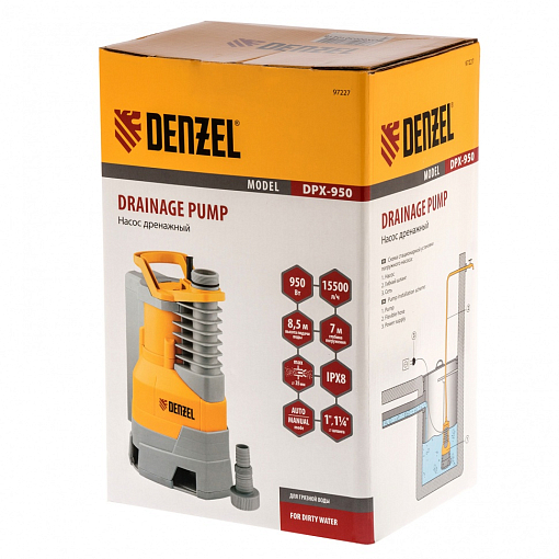 Фото 7 товара Дренажный насос DPХ950, Х-Pro, 950 Вт, подъем 8,5 м, 15500 л/ч Denzel