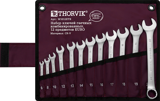 Фото 0 товара Набор ключей гаечных комбинированных серии ARC в сумке, 6-22 мм, 12 предметов EURO, THORVIK