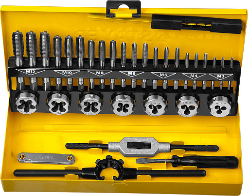 Фото 0 товара Набор метчиков и плашек MaxCut STAYER 32 предмета, легированная сталь, Master