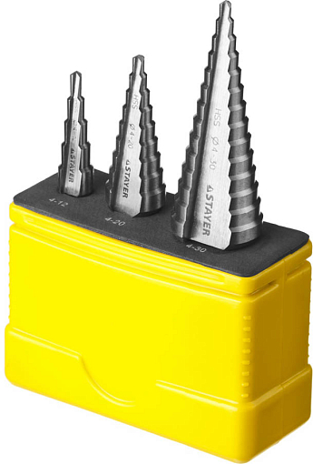 Фото 0 товара Ступенчатые сверла по сталям и цвет.мет. STAYER 3 шт., HSS, 29660-4-30-H3