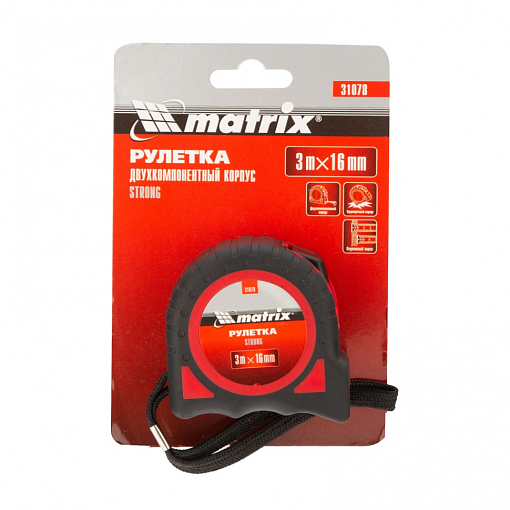 Фото 4 товара Рулетка Strong, 3 м х 16 мм, обрез. корпус Matrix
